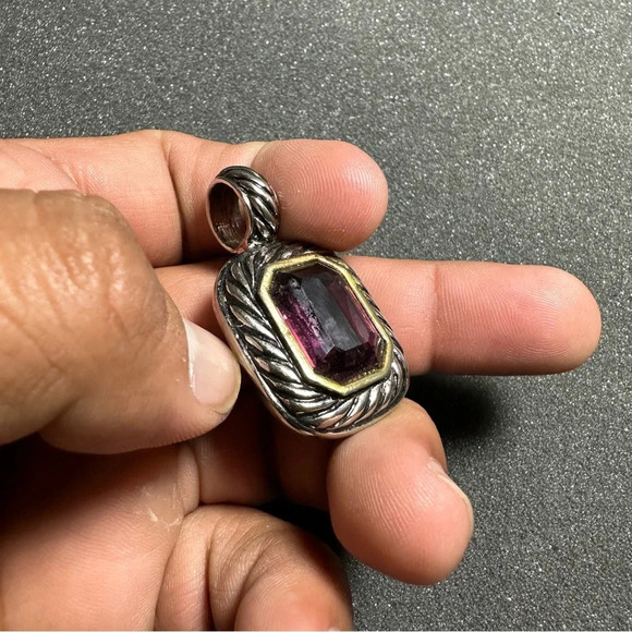 Silver Tone Purple Amethyst Like Gem Stone Rectangular Pendant Costume Jewelry - Picture 3 of 8